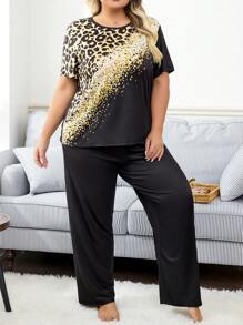 Plus Size Leopard Print Contrast Color Sleepwear Set