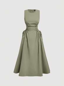 SHEIN Tween Girls Elegant Round Neck Sleeveless Side Pleated Midi Dress - Army Green - View 2