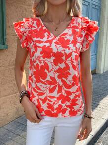 SHEIN Clasi Blouse imprimée fleurs avec petites manches papillon, minimaliste et , convient pour l'été