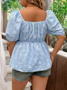 SHEIN CURVE+ Plus Size Square Collar Heart Collar Short Sleeve Daisy Plaid Print A-Line Women Shirt, Spring/Summer