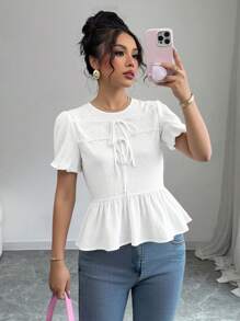 Chiquease Women's Bowknot Puff Sleeve Ruffled Hem Embroidered Blouse - White - View 1