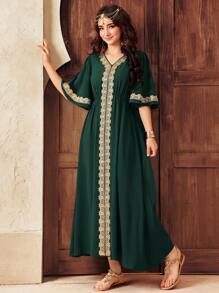 SHEIN Leap Crew 少女 V 领收腰中长修身短袖连衣裙