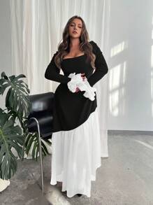 Firerie Vestido de talla grande con cuello cuadrado, mangas acampanadas de malla y bloques de color - Multicolor - Ver 1