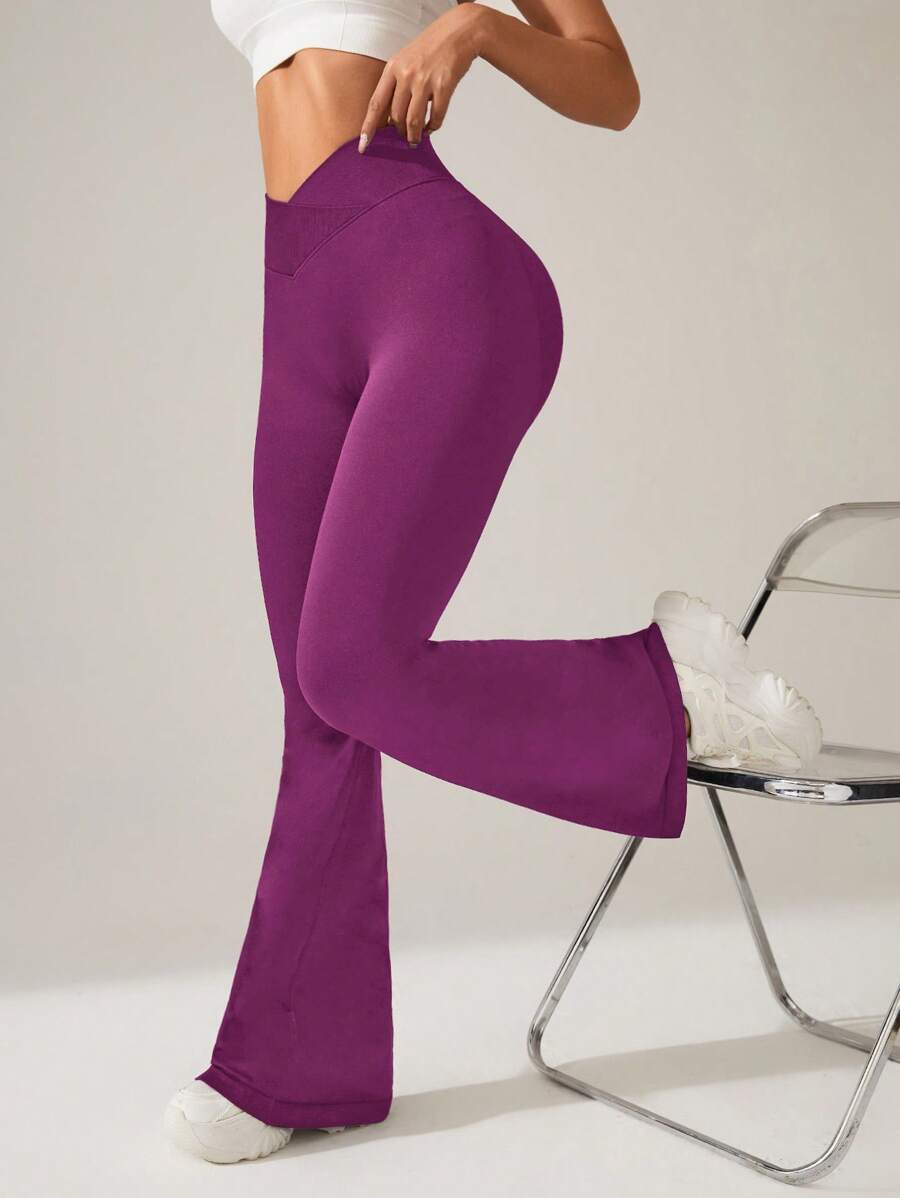 Easithlete Women's Solid Color Asymmetric Waistline Daily Fitness Flare Workout Pants - Purple - View 1