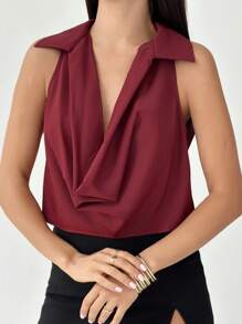 Firerie Elegant Retro Burgundy Draped Neck Blouse, Suitable For Daily Commute, Wedding, Spring & Summer - Burgundy - View 5