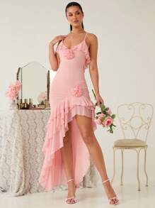 Enchnt 这款浪漫粉色3D立体花朵装饰荷叶边高开衩露背长裙，是春夏的完美之选。它甜美、优雅又性感，适合生日派对、节日聚会、浪漫约会、度假、毕业季、夏季女装、童话风、宴会、婚礼宾客礼服、新娘送礼会白色礼服、演唱会礼服、嘉年华等各种场合。 - 粉色 - 查看 3