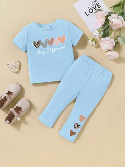 SHEIN Leap Crew 女宝宝休闲简约圆领短袖上衣和裤子套装，适合夏季