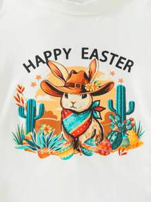 2025 Spring/Summer New Casual Comfortable White Cute Easter Bunny Print Young Girls 2pcs Set With Blue Pants, Suitable For Daily Wear, Outdoor Play And Family Holiday Gatherings Young Girls Clothing Easter Young Girl Summer Sets Young Girls Clothing Young Girls Sets - Apricot - View 4