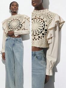 Maija 新款春夏白杏色镂空勾花拼接荷叶边都市度假现代优雅浪漫女装上衣适合外出节日派对音乐节老款风 - 卡其色 - 查看 3