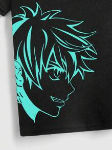 SHEIN Camiseta de manga corta con estampado de personaje reflectante y letras para niño preadolescente, uso casual de todos los días para verano