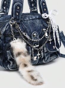 ROMWE Grunge Punk Women's Vintage Distressed Ombre Cross & Heart Decor Shoulder Tote Bag With Bowknot, Large Capacity Multi-Pocket Shoulder Bag - Blue - View 4