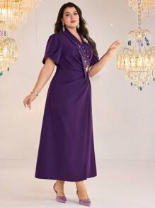 Modelyn Plus Size Women Rhinestone Decor Petal Short Sleeve Side Tie Waist Elegant Dress - Purple - View 6