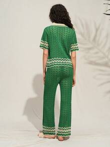 Arave Women's Fashionable Casual & Holiday Style Wave Hollow-Out Contrast Color Polo Collar Short Sleeve Top And Wide Leg Pants Set, Spring/Summer,Sets For Women,Summer Outfits For Women,Two Pieces Set Women,Green Set,Vacation Outfits Woman,Two Pieces Set Women