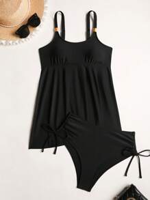 SHEIN Swim 2pcs Solid Color Spaghetti Strap Top With Flared Skirt And Pleated Pants, Stylish Minimalist Swimwear Bikini Set For Summer Beach Vacation - Black - View 8