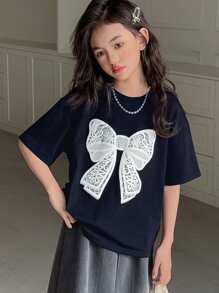 DAZY Tween Girl' Round Neck Short Sleeve Butterfly Print T-Shirt, Spring/Summer,Back To School Clothes - Navy Blue - View 3