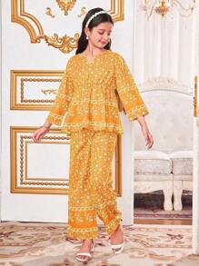 Tween Girl Retro Print Ruffle Hem Long Sleeve 2 Pieces Outfit, Suitable For Vacation - Yellow - View 5