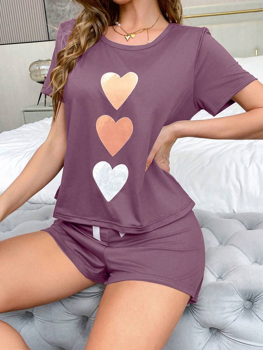 Bộ đồ ngủ 3 món quần short tay ngắn in hình trái tim - Màu đỏ tím - Xem 1