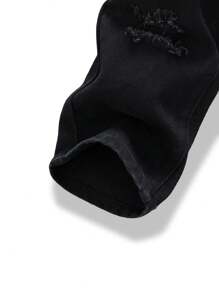 Young Boy Fashionable Casual Versatile Cute Graphic Bear & Letter Embroidered Denim Bib Overalls And Distressed Washed Denim Suspender Pants