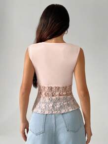 SHEIN Unity Pink Sexy Lace Patchwork Hollow Out Women Tank Top - Pink - View 2
