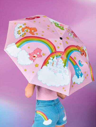 SHEIN X Care Bears 1pc Cute Cartoon Rainbow Heart Pink Bear Printed Automatic Opening And Closing Umbrella, Comes With Sunscreen Function, Suitable For School, Work, Outings, And Daily Use, Suitable For College Students, High School Students, And Women