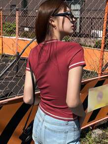 DAZY Letter Graphic Top-stitching Tee - Red - View 2