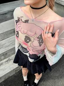 SHEIN Tricou decupat cu imprimeu cu personaje de desene animate pentru fete adolescente, ocazional, slim fit