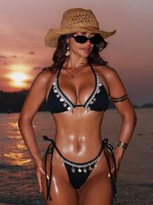 Swim SXY Damen Starfish & Shell Dekor Neckholder Bikini Set, Hohe Taille Binden Dreieck Hose, Badeanzug, Zufälliges Zubehör - Schwarz - Übersicht 7
