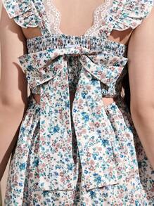 Teen Girl Elegant Summer French Floral Print V-Neck Bow Decor Short Dress - Multicolor - View 5