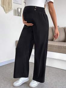 SHEIN Quần dài thời trang đơn giản màu trơn cho bà bầu, phù hợp cho mùa hè - màu đen - Xem 7