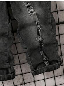 2pcs/Set Boys Letter Print Short Sleeve Top And Distressed Denim Jeans Outfit - Grey - View 4