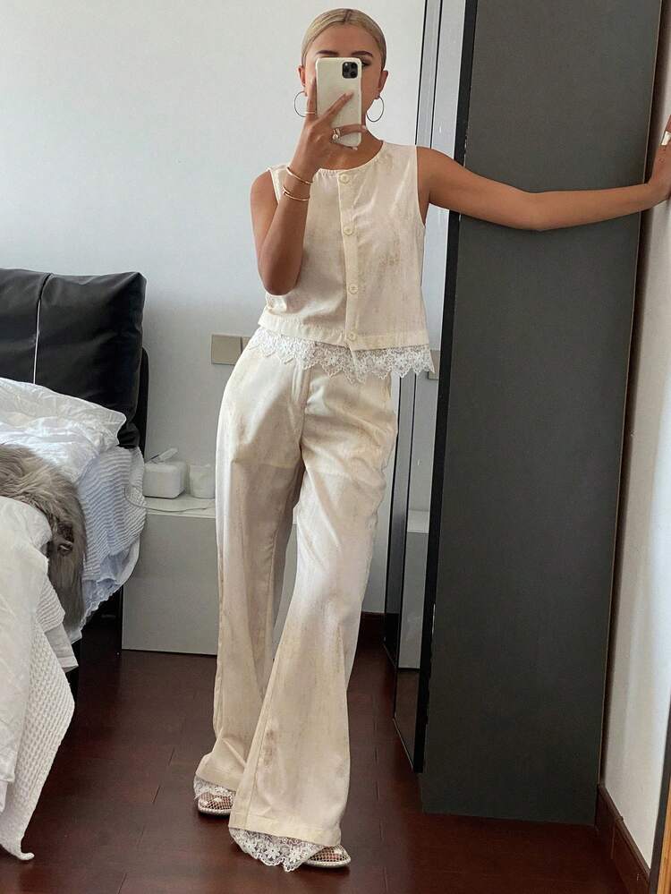 2 Pieces Set: Women Lace Patchwork Vest And Long Pants