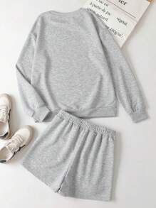 Slaydiva 2 pièces/ensemble Top ample à manches longues col rond avec motif lettres et nœud, convient pour le printemps et l'automne