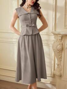Vintamour Women's Retro Elegant 2 Pieces Suit Set, V-Neck Sleeveless Blouse, Bow Belt Decor, A-Line Skirt, Casual Office Wear Autumn Winter Clothes For Women Modest - Coffee Brown - View 5