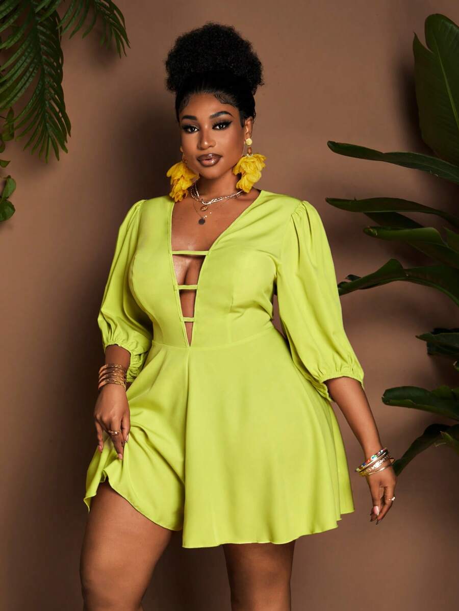 Maweii Plus Size Vacation Casual Solid Color Lantern Sleeve Romper - Green - View 1