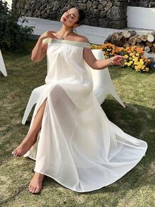 Breezaya Vestido holgado de primavera/verano de unicolor con hombros descubiertos y abertura, talla grande