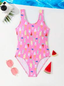 Tween Girl Random Ice Cream Print Bandeau Swimsuit - Multicolor - View 3