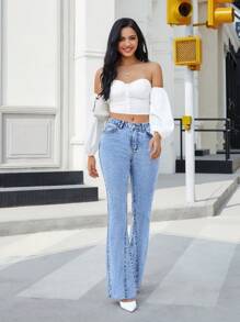 SHEIN Essnce Vaqueros de pierna acampanada y cintura alta de moda, versátiles y casuales para uso diario - Lavado ligero - Ver 4