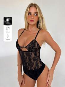Aloruh Camiseta de mujer transparente de encaje hueco y sensual