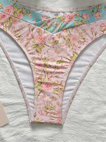 SHEIN Swim Ensemble de bikini femme avec Top à bretelles fines et bas, motif floral mignon et blocs de couleurs pour la plage - Multicolore - Voir 6