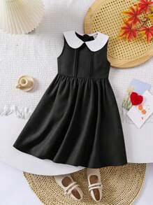 SHEIN Leap Crew Young Girl's Color Block Peter Pan Collar, Cute & Elegant & Sweet Peter Pan Collar, Fitting A- Line Dress, Valentine's Day, For School Daily Wear & Vacation & Holidays & Birthdays, Sisters Matching. - Black - View 3