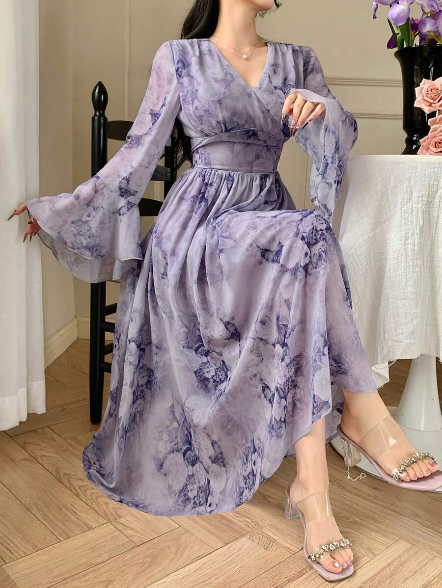 DAZY V-Neck Floral Print Midi Ruffled Hem Dress For Women Elegant,Fall Dress Long Sleeve Dress Easter - Purple - View 1
