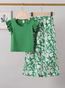 2 件套年轻女孩盖袖上衣和印花直筒裤套装，适合度假、外出和家居穿着 - 綠色 - 查看 7