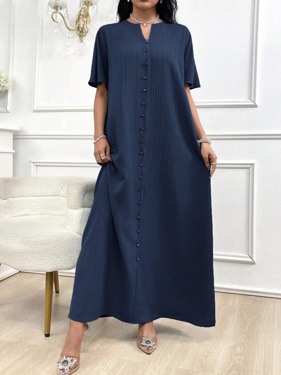 Al Najma Women's Solid Color Short Sleeve Arabic Style Simple Dress, Suitable For Summer - Navy Blue - View 1
