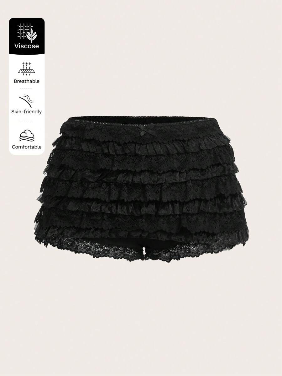 SHEIN ICON Ladies' Multi-Layer Frill Hem Low-Rise Y2K Concert Going Out White Ruffle Shorts - Black - View 1