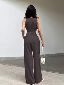 INAWLY Set de 2 piezas con top corto liso y pantalones de largo completo para mujer - Gris - Ver 2