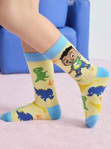 CoComelon X SHEIN 2 Pairs Kids Cartoon Dinosaur & Puzzle Pattern Color Block 100% Cotton Long Socks - Multicolor - View 5