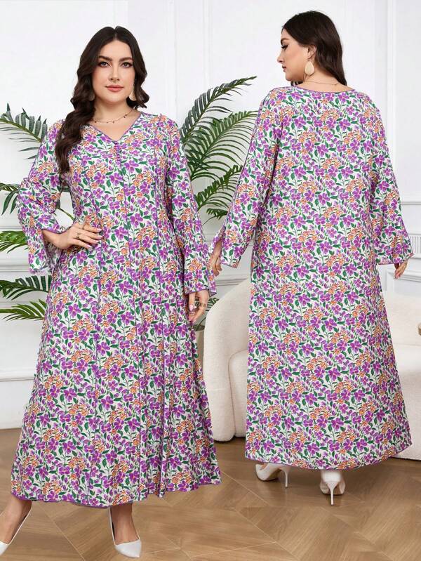Al Najma Plus Size Women's Floral Print V-Neck Split Hem Long Sleeve Elegant Arabic Style Dress