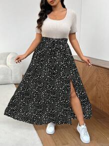 SHEIN Frenchy 大码夏季休闲拼色碎花拼布开衩连衣裙 - 黑色 - 查看 6