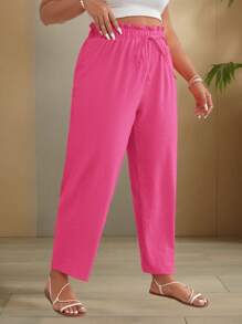Travachic Plus Size Women's Solid Color Ruffle Hem Drawstring Waist Casual Pants - Pink - View 4