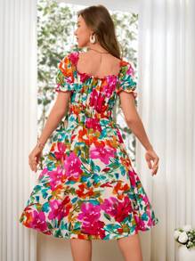 SHEIN VCAY Summer Out Holiday Date Dress, Ladies Square Collar Frill Edge Puff Sleeve A Word Romantic Multi-Color Big Flower Print Holiday Dress, Back-To-School Dress, Very Simple Dress, Office Dress, Old Money Dress, Teacher Dress, Dating Dress, Going Out To Participate In Wedding Season BFF Afternoon Tea Party Holiday Dress, Going Out To Participate In Music Festival Dress - Multicolor - View 6